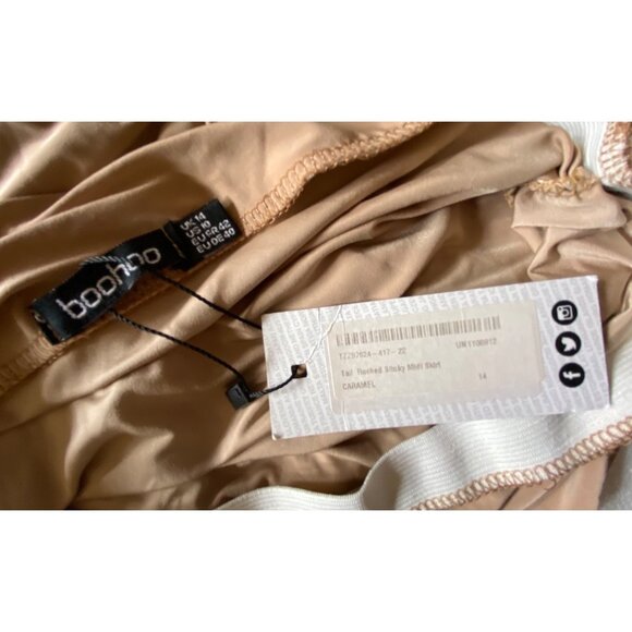 Ruched Slinky Midi Skirt Caramel Brown Size Tall 14 Sexy Bodycon Tight Stretch - Picture 4 of 4